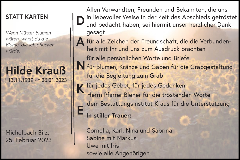  Traueranzeige für Hilde Krauß vom 25.02.2023 aus Haller Tagblatt
