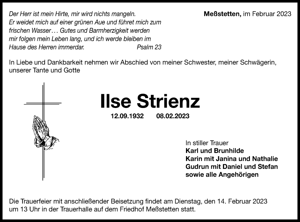  Traueranzeige für Ilse Strienz vom 11.02.2023 aus Metzinger-Uracher Volksblatt