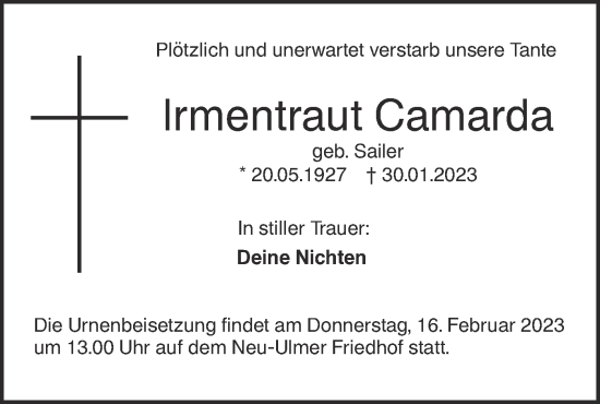 Traueranzeige von Irmentraut Camarda von SÜDWEST PRESSE Ausgabe Ulm/Neu-Ulm