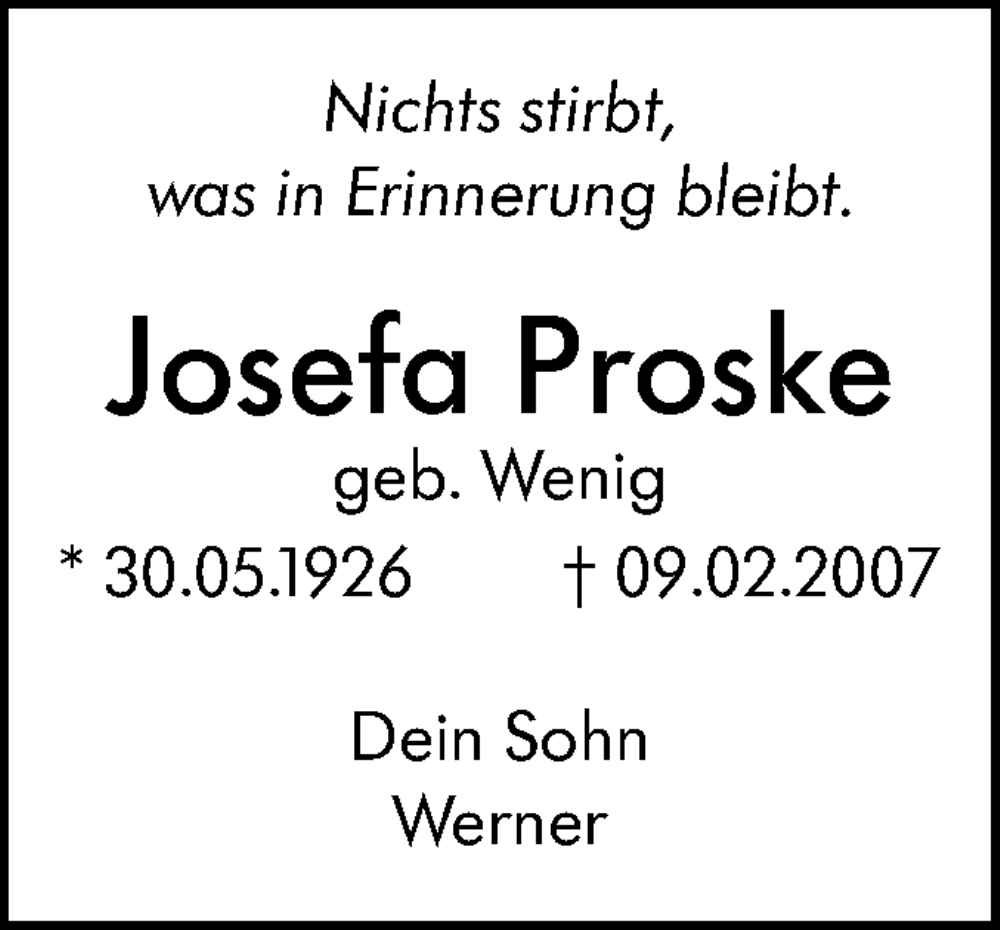  Traueranzeige für Josefa Proske vom 09.02.2023 aus SÜDWEST PRESSE Ausgabe Ulm/Neu-Ulm