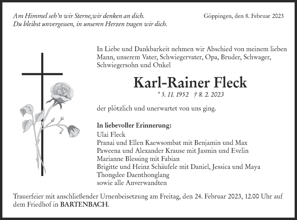  Traueranzeige für Karl-Rainer Fleck vom 18.02.2023 aus NWZ Neue Württembergische Zeitung