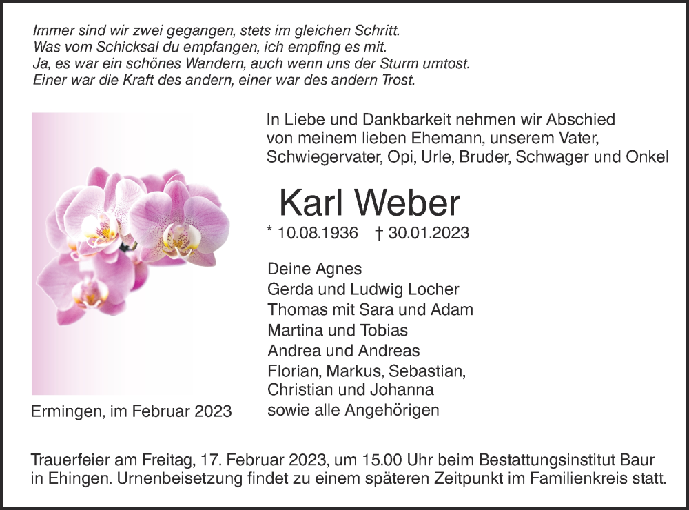  Traueranzeige für Karl Weber vom 14.02.2023 aus SÜDWEST PRESSE Ausgabe Ulm/Neu-Ulm