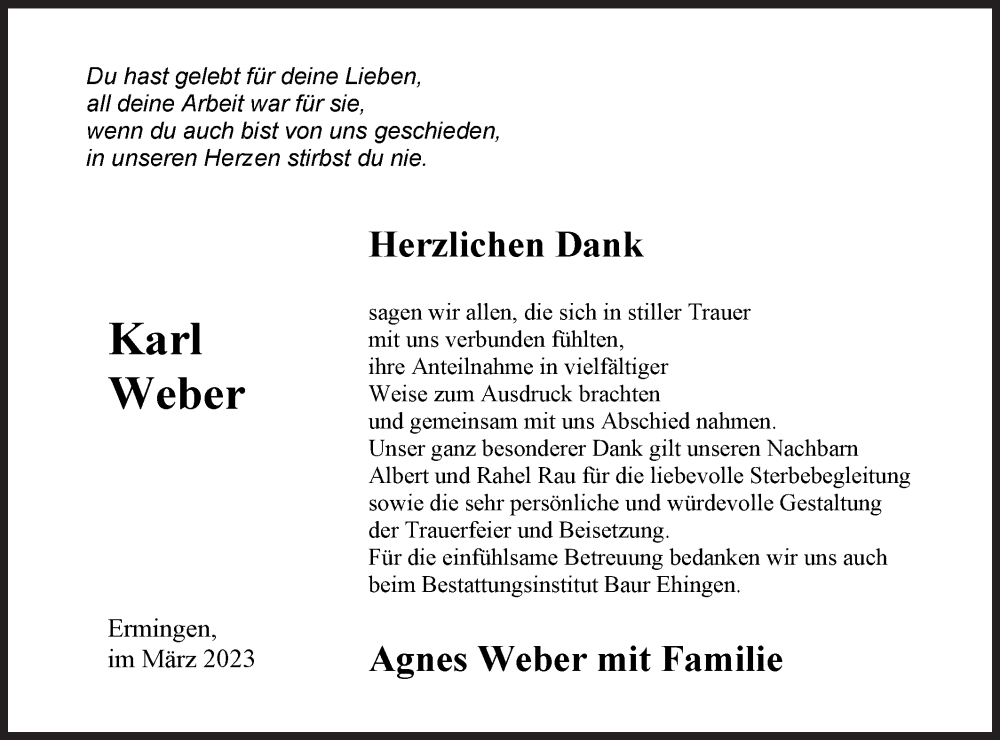  Traueranzeige für Karl Weber vom 01.03.2023 aus SÜDWEST PRESSE Ausgabe Ulm/Neu-Ulm