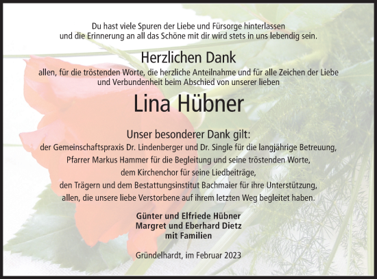 Traueranzeige von Lina Hübner von Hohenloher Tagblatt