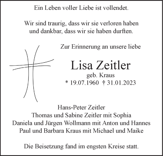Traueranzeige von Lisa Zeitler von SÜDWEST PRESSE Ausgabe Ulm/Neu-Ulm