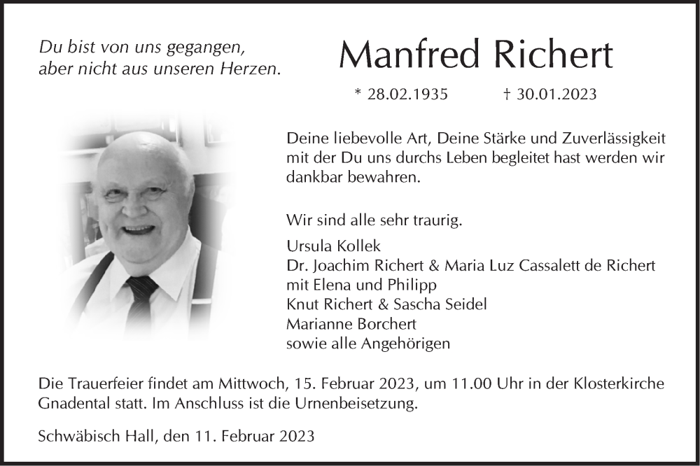  Traueranzeige für Manfred Richert vom 11.02.2023 aus Haller Tagblatt
