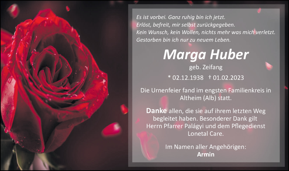  Traueranzeige für Marga Huber vom 25.02.2023 aus SÜDWEST PRESSE Ausgabe Ulm/Neu-Ulm