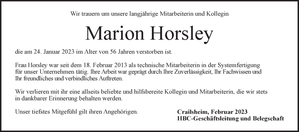  Traueranzeige für Marion Horsley vom 17.02.2023 aus Hohenloher Tagblatt