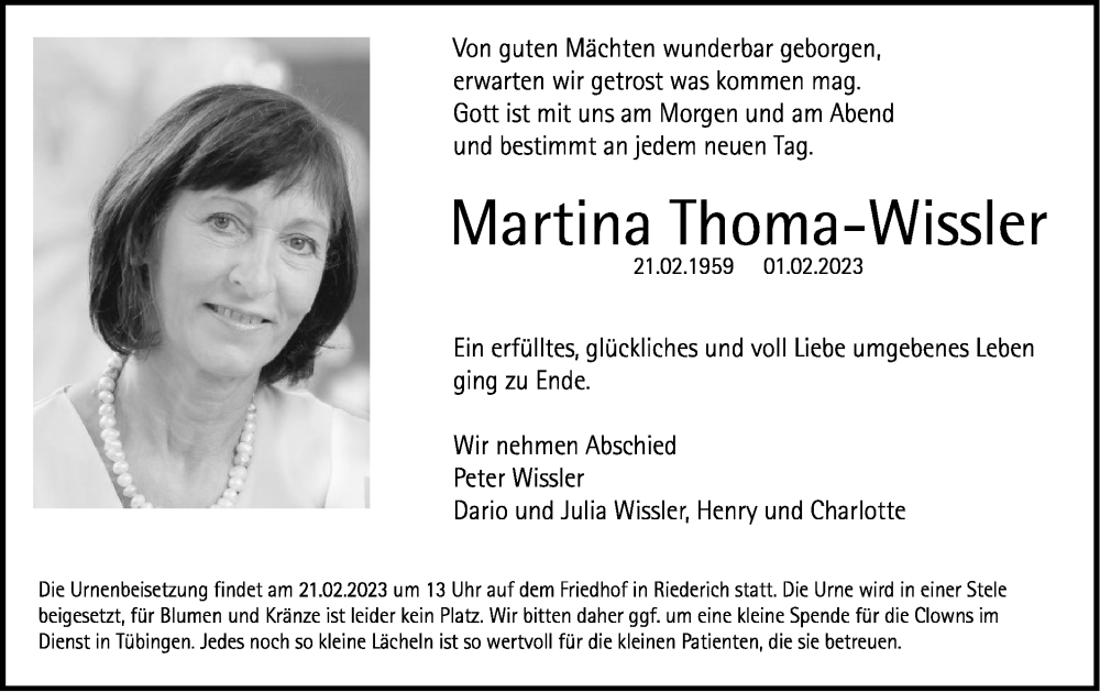  Traueranzeige für Martina Thoma-Wissler vom 11.02.2023 aus Alb-Bote/Metzinger-Uracher Volksblatt