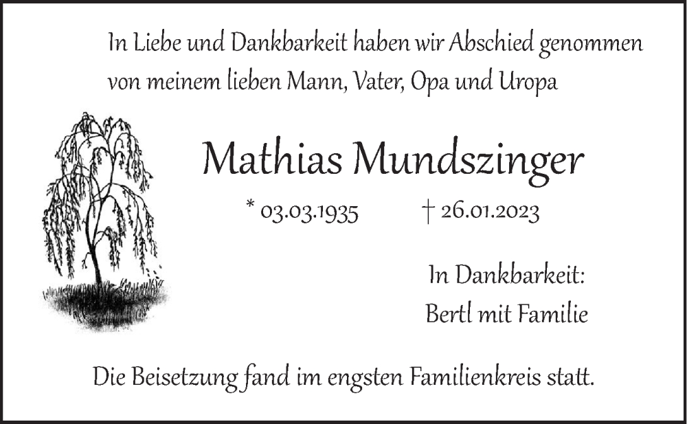  Traueranzeige für Mathias Mundszinger vom 11.02.2023 aus SÜDWEST PRESSE Ausgabe Ulm/Neu-Ulm