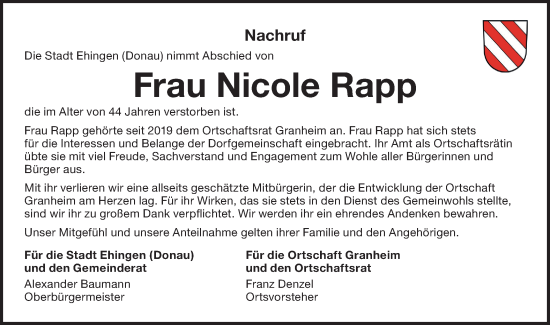 Traueranzeige von Nicole Rapp von Ehinger Tagblatt