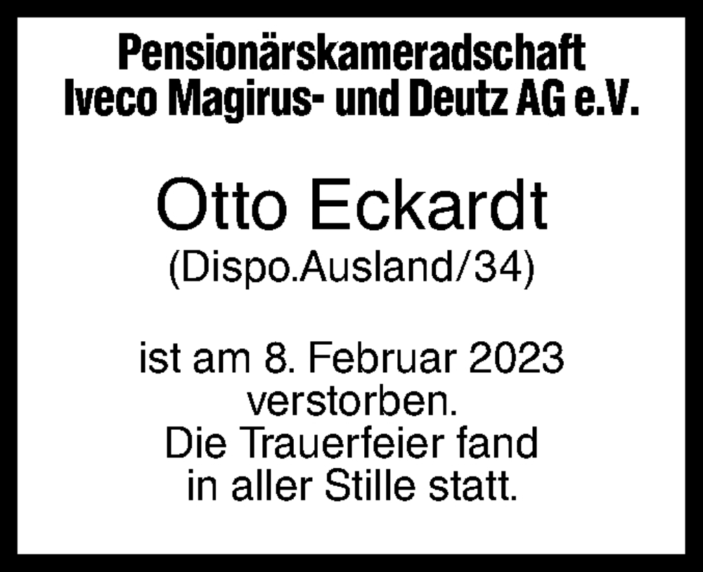  Traueranzeige für Otto Eckardt vom 23.02.2023 aus SÜDWEST PRESSE Ausgabe Ulm/Neu-Ulm
