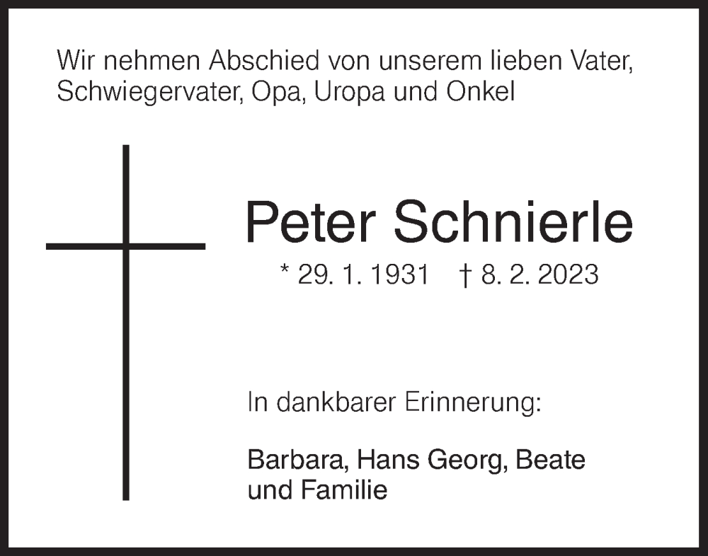  Traueranzeige für Peter Schnierle vom 15.02.2023 aus Hohenloher Tagblatt