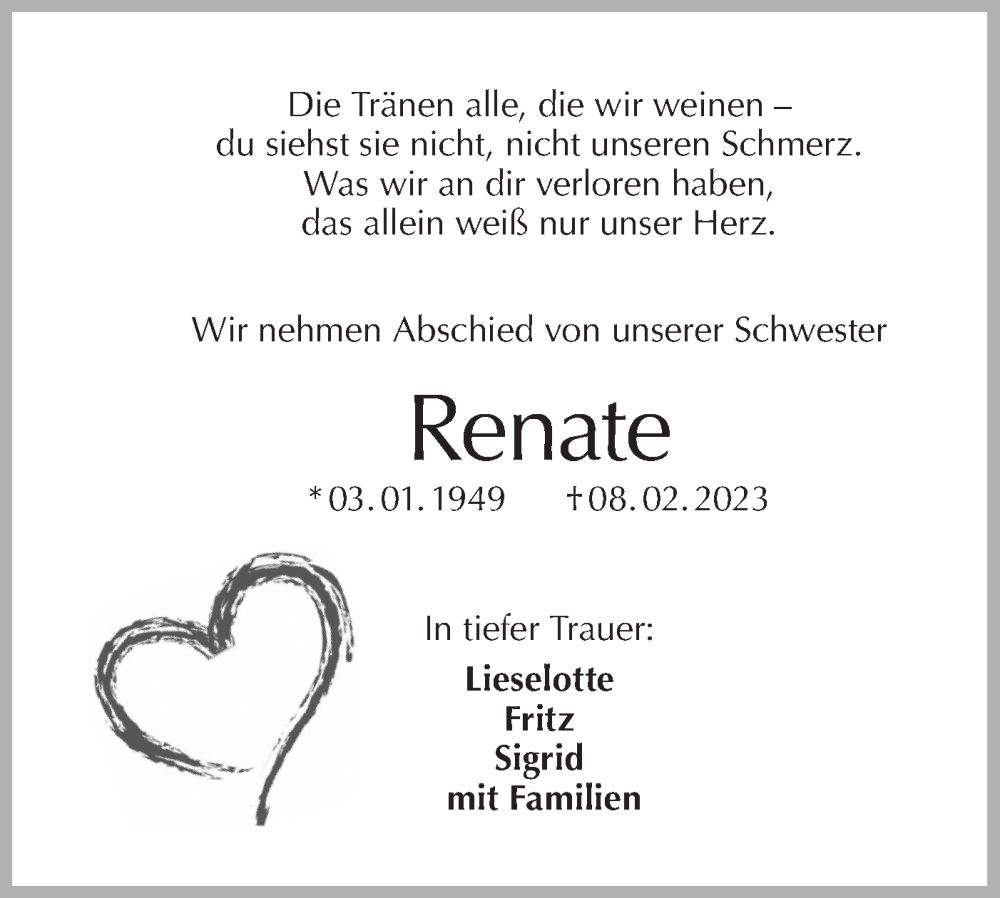  Traueranzeige für Renate Fischer vom 14.02.2023 aus Hohenloher Tagblatt