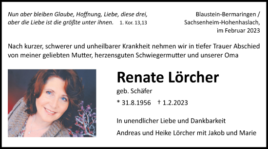 Traueranzeige von Renate Lörcher von SÜDWEST PRESSE Ausgabe Ulm/Neu-Ulm
