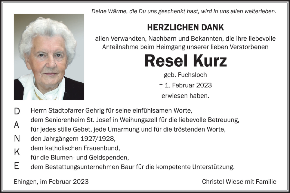  Traueranzeige für Resel Kurz vom 25.02.2023 aus Ehinger Tagblatt