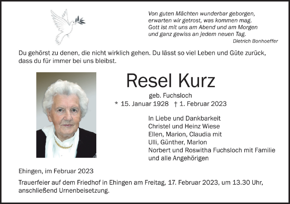  Traueranzeige für Resel Kurz vom 14.02.2023 aus Ehinger Tagblatt