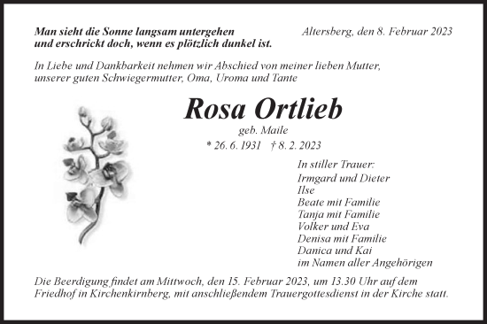 Traueranzeige von Rosa Ortlieb von Rundschau Gaildorf