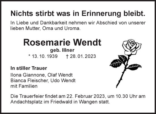 Traueranzeige von Rosemarie Wendt von NWZ Neue Württembergische Zeitung