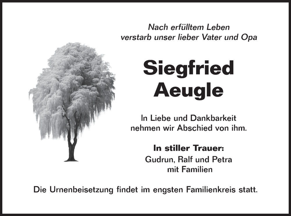  Traueranzeige für Siegfried Aeugle vom 13.02.2023 aus Hohenloher Tagblatt