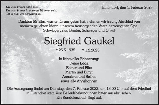 Traueranzeige von Siegfried Gaukel von Rundschau Gaildorf