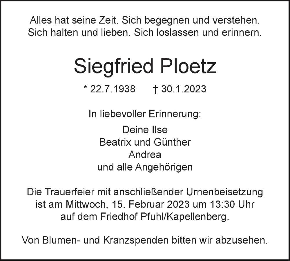  Traueranzeige für Siegfried Ploetz vom 11.02.2023 aus SÜDWEST PRESSE Ausgabe Ulm/Neu-Ulm