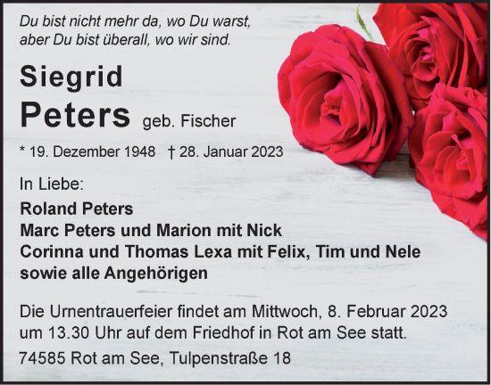 Traueranzeige von Siegrid Peters von Hohenloher Tagblatt