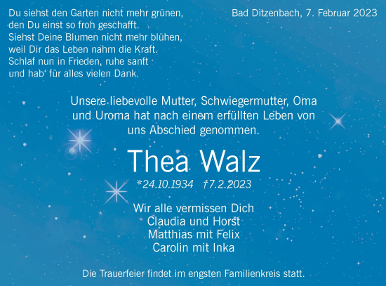 Traueranzeige von Thea Walz von Geislinger Zeitung