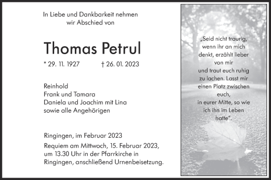 Traueranzeige von Thomas Petrul von SÜDWEST PRESSE Ausgabe Ulm/Neu-Ulm