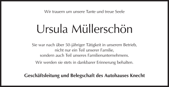 Traueranzeige von Ursula Müllerschön von Metzinger-Uracher Volksblatt