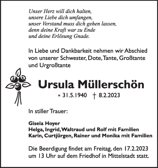 Traueranzeige von Ursula Müllerschön von Alb-Bote/Metzinger-Uracher Volksblatt