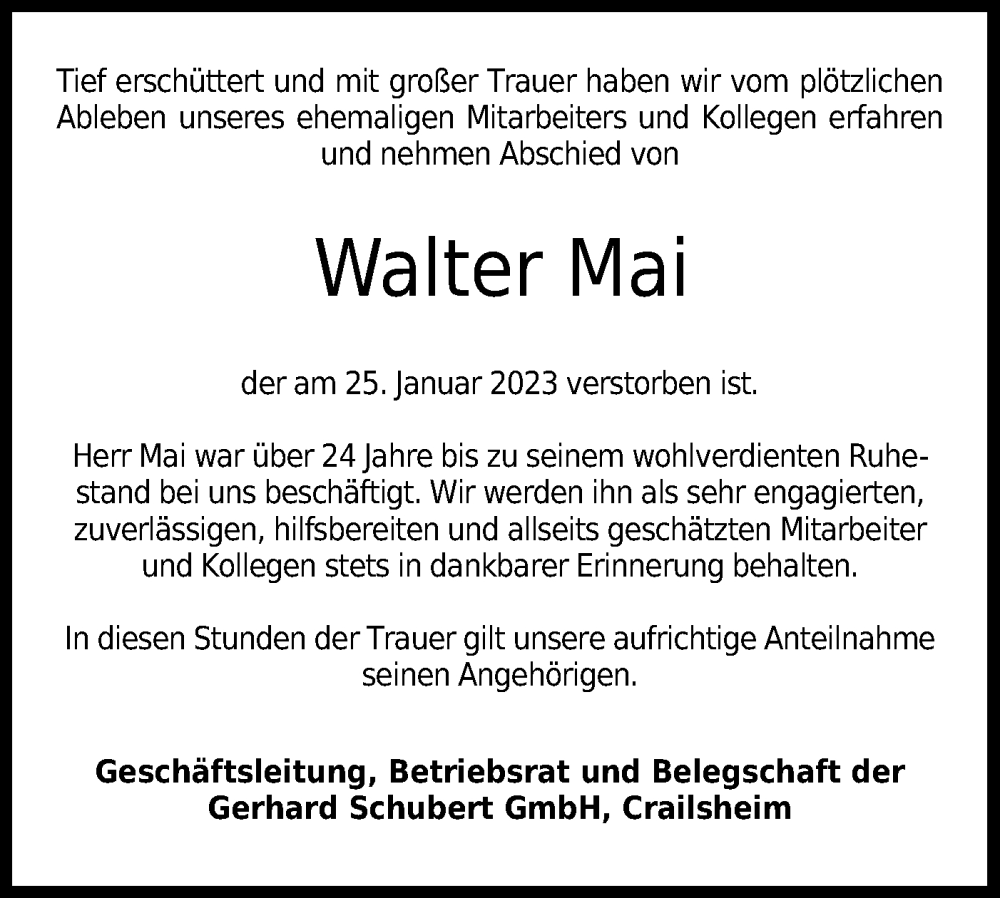  Traueranzeige für Walter Mai vom 04.02.2023 aus Hohenloher Tagblatt