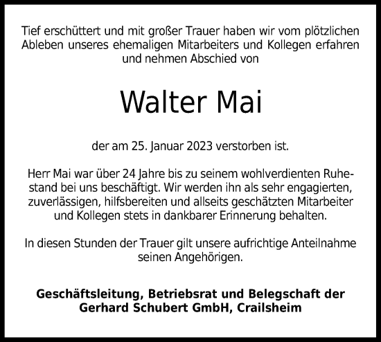 Traueranzeige von Walter Mai von Hohenloher Tagblatt