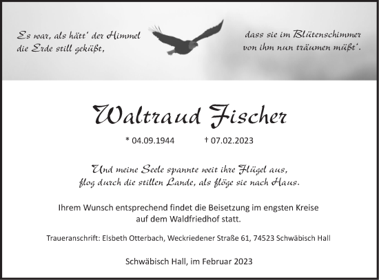 Traueranzeige von Waltraud Fischer von Haller Tagblatt