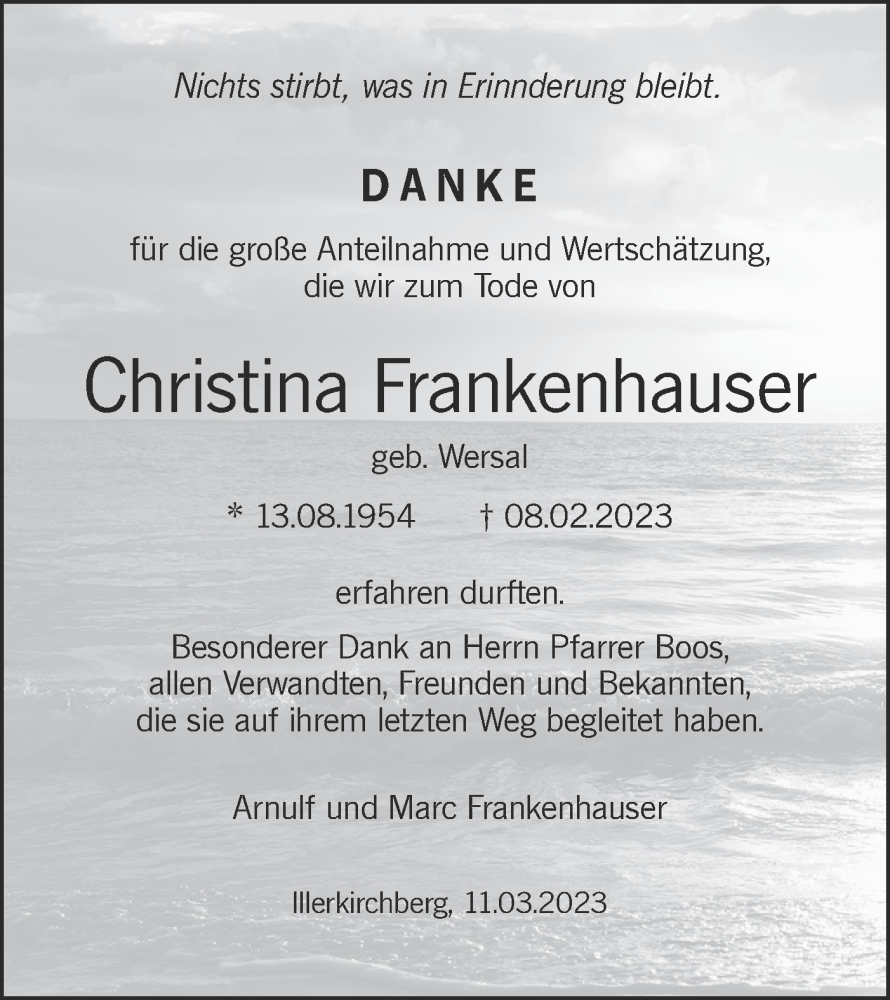 Traueranzeige für Christina Frankenhauser vom 11.03.2023 aus SÜDWEST PRESSE Ausgabe Ulm/Neu-Ulm