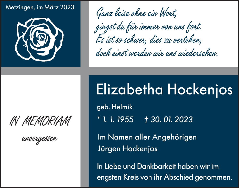  Traueranzeige für Elizabetha Hockenjos vom 03.03.2023 aus Metzinger-Uracher Volksblatt