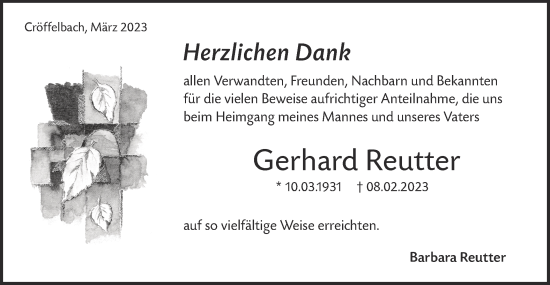 Traueranzeige von Gerhard Reutter von Haller Tagblatt