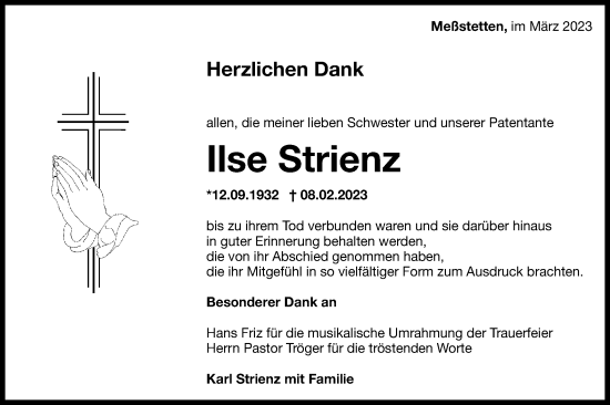 Traueranzeige von Ilse Strienz von Metzinger-Uracher Volksblatt