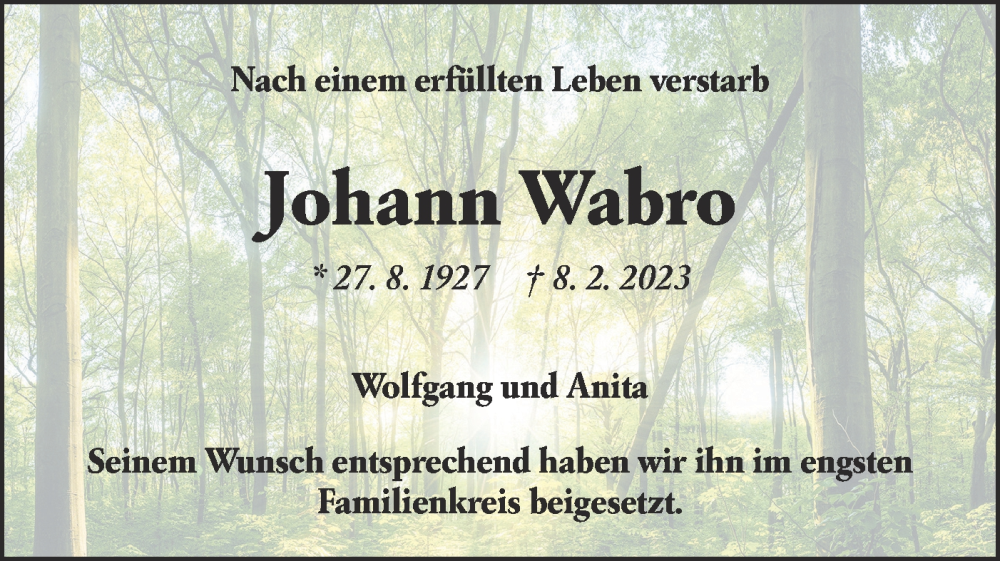  Traueranzeige für Johann Wabro vom 07.03.2023 aus Hohenloher Tagblatt