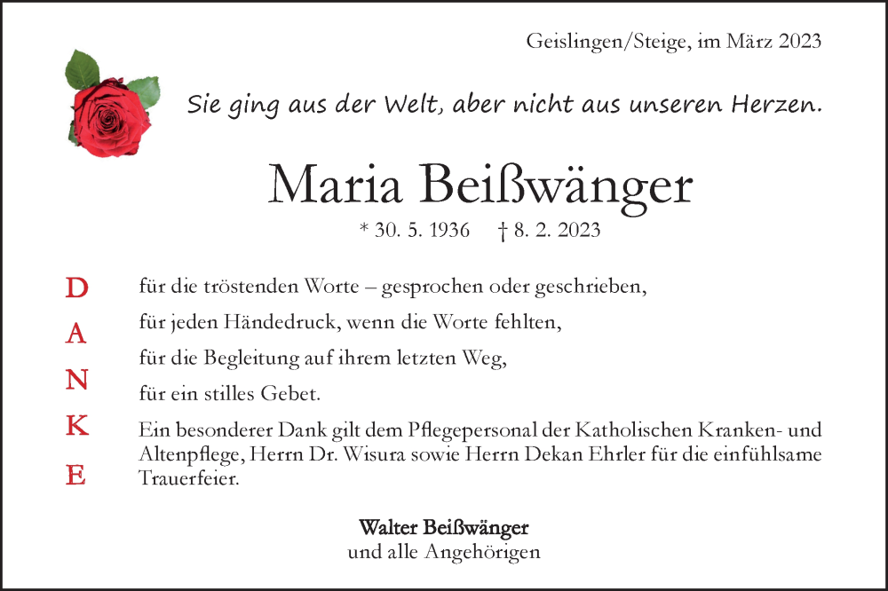  Traueranzeige für Maria Beißwänger vom 04.03.2023 aus Geislinger Zeitung