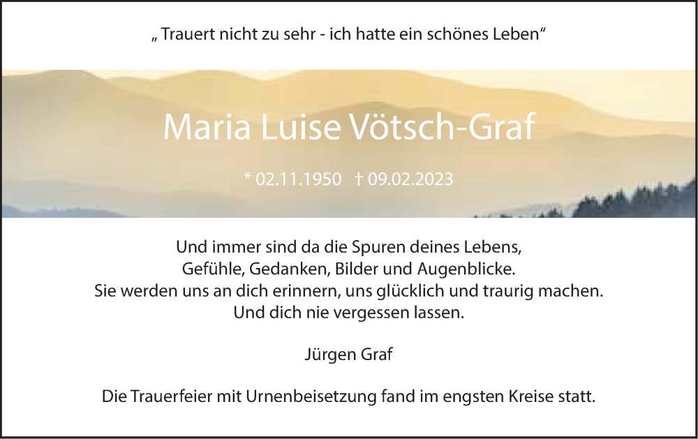  Traueranzeige für Maria Luise Vötsch-Graf vom 11.03.2023 aus SÜDWEST PRESSE Ausgabe Ulm/Neu-Ulm