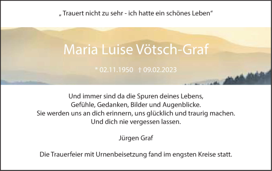 Traueranzeige von Maria Luise Vötsch-Graf von SÜDWEST PRESSE Ausgabe Ulm/Neu-Ulm