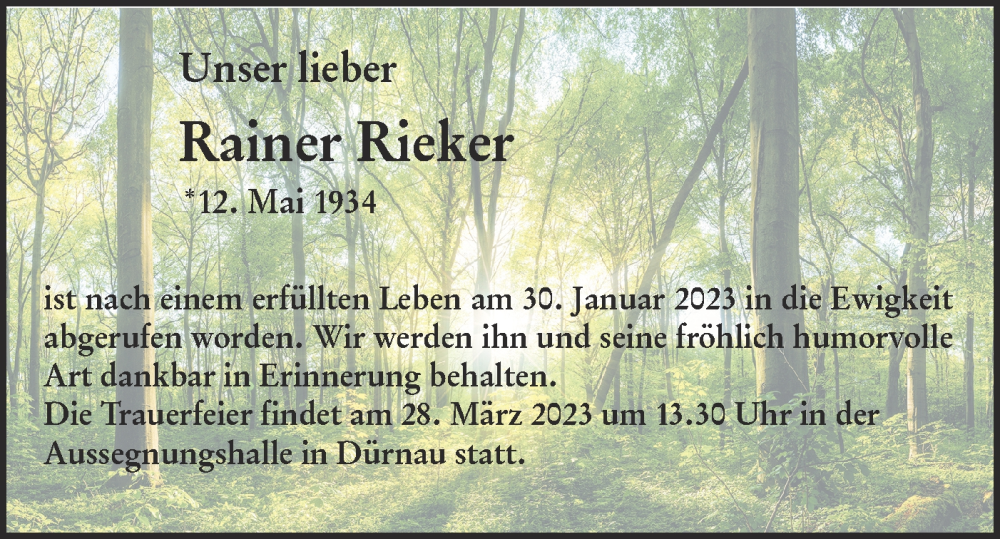  Traueranzeige für Rainer Rieker vom 07.03.2023 aus NWZ Neue Württembergische Zeitung