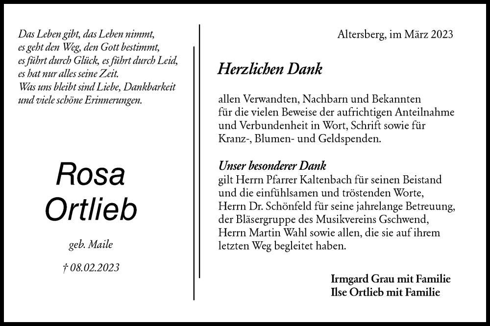  Traueranzeige für Rosa Ortlieb vom 04.03.2023 aus Rundschau Gaildorf
