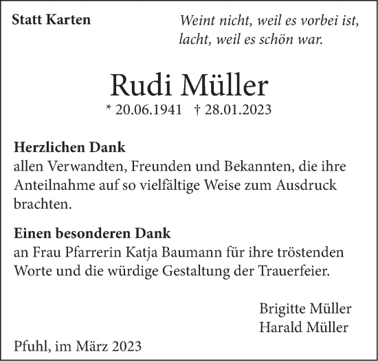 Traueranzeige von Rudi Müller von SÜDWEST PRESSE Ausgabe Ulm/Neu-Ulm