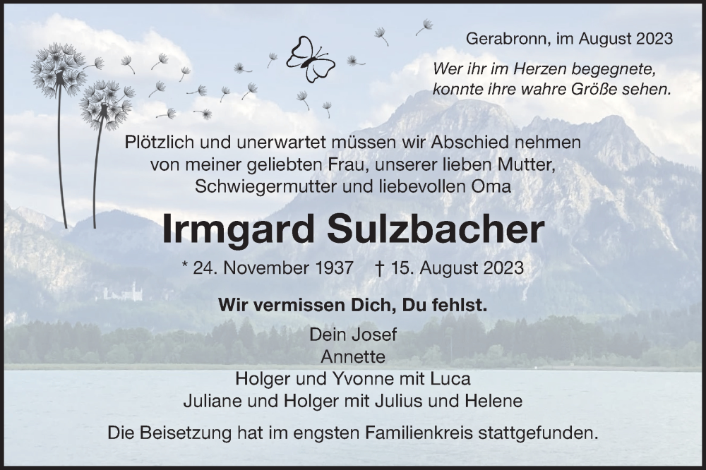  Traueranzeige für Irmgard Sulzbacher vom 24.08.2023 aus Hohenloher Tagblatt