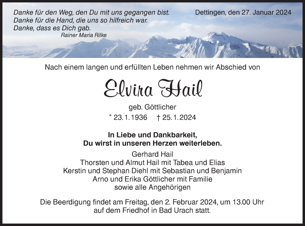  Traueranzeige für Elvira Hail vom 27.01.2024 aus SÜDWEST PRESSE/SÜDWEST PRESSE