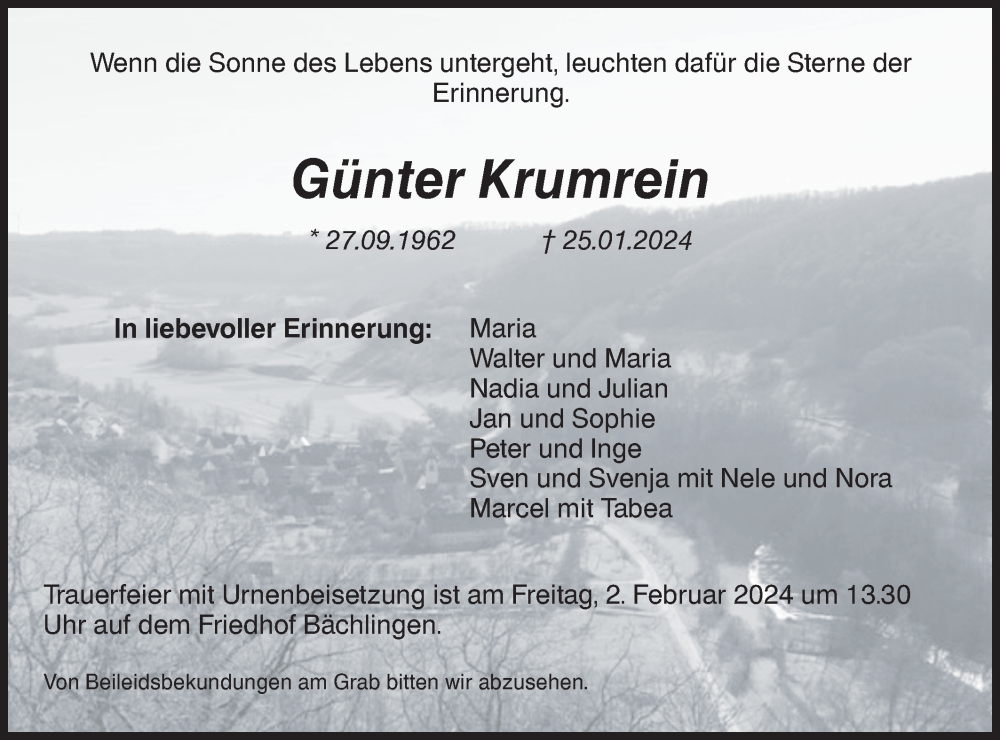  Traueranzeige für Günter Krumrein vom 31.01.2024 aus Hohenloher Tagblatt