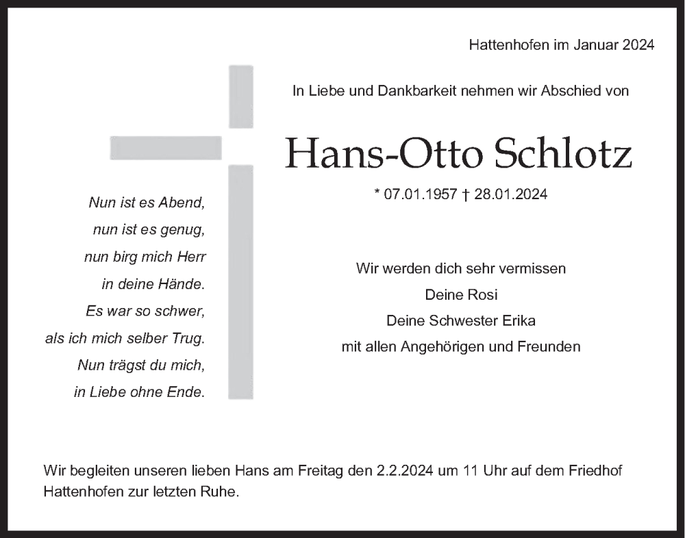  Traueranzeige für Hans-Otto Schlotz vom 31.01.2024 aus NWZ Neue Württembergische Zeitung