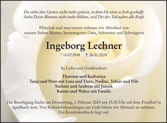 Traueranzeige von Ingeborg Lechner von Hohenloher Tagblatt